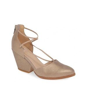 EILEEN FISHER Rope Pump Almond Toe Block Heel Suede Leather Platinum Gold